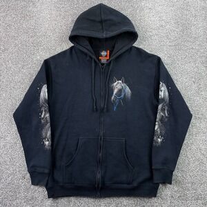 Vintage Y2K Horse Hoodie Rock Eagle Mens XL Black Full Zip Nature Animal Print